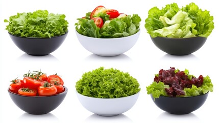 Wall Mural - An eye level studio shot displays six small bowls of fresh salad, arranged on a plain white surface. The bowls contain vibrant green lettuce