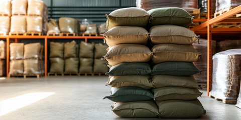Aufkleber - Stacked bags of goods in a warehouse during daylight
