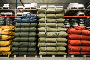 Aufkleber - Colorful stacked bags in a well-organized warehouse