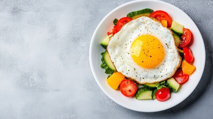 Poster - Overhead shot presents a sunny side up egg atop a bed of vibrant cucumber, tomato, and yellow pepper on a white plate. The plate is set against a