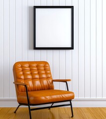 Sticker - A tan leather armchair is positioned in front of a white wood paneled wall. An empty black framed poster hangs above the armchair. The floor is light