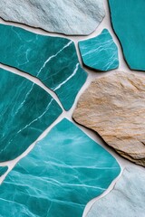 Poster - Close up view of a stone wall with teal, beige, and gray stones. Irregular shapes and patterns are visible. The image has a textured appearance