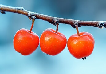 Sticker - Three vibrant orange crabapples coated in frost cling to a slender, dark brown branch against a soft, blurred winter background. The image showcases