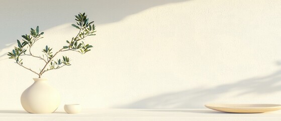 Poster - Minimalist arrangement with olive branch studio setting still life natural light contemporary design