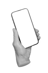 Poster - Elderly female hand holding a smartphone with a blank screen. Wrinkled fingers gripping the mobile device, mockup for app, design, or advertising. Isolated on white background.