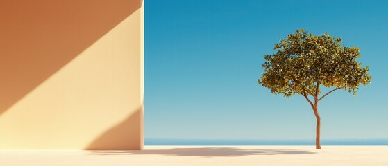 Poster - serene tree by a minimalist wall coastal landscape nature clear blue sky isolated perspective