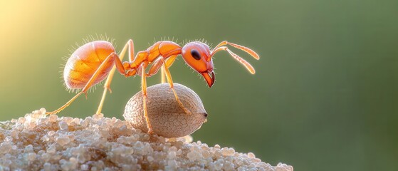 Ant carrying egg on sand close-up natural habitat macro view insect behavior