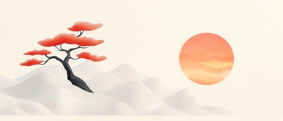 Poster - bonsai tree silhouette against sunset tranquil landscape digital art serene environment minimalist v