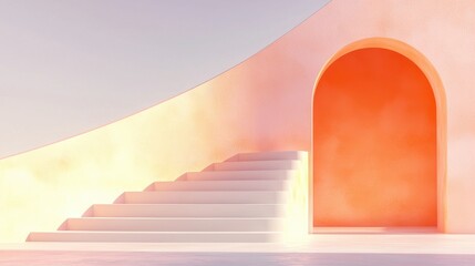 Poster - Modern architectural steps leading to an orange archway minimalist design calm environment aesthetic viewpoint