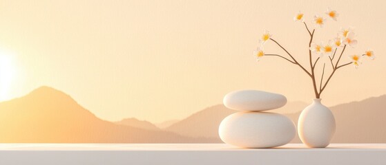 Poster - serene sunset with stones and flowers mountain landscape minimalist decor peaceful ambiance