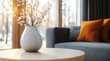 Poster - ceramic vase with flowers on a table in a cozy living room setting close up view