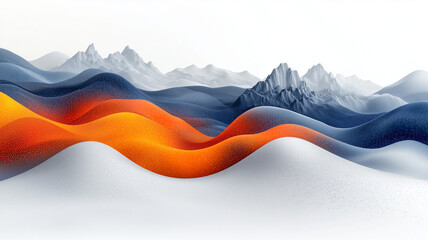 Wall Mural - Abstract landscape with flowing waves in orange, blue, and white colors, featuring mountains in background, creating serene and modern atmosphere