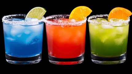 Sticker - Three vibrant cocktails in blue, red, and green hues are garnished with citrus slices and salt rimmed glasses, set against a stark black background