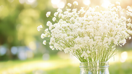 Canvas Print - Delicate white flowers in glass jar, set against soft, blurred green background, evoke serene and peaceful atmosphere, perfect for any floral arrangement