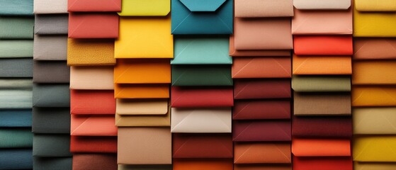 Poster - Colorful wall of folded paper and stacked envelopes in creative arrangement