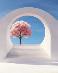 Poster - blossoming cherry tree in architectural arch serene outdoor setting digital art tranquil viewpoint