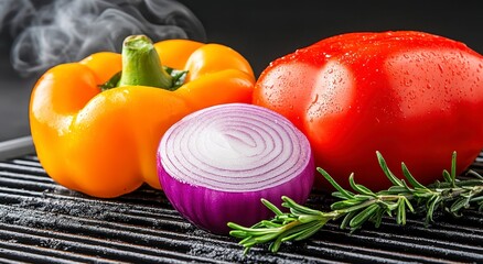 Sticker - Close up of vibrant orange bell pepper, red tomato, sliced red onion, and fresh rosemary sprig on a dark grill. Steam is visible, suggesting recent