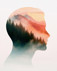 Poster - Mindful reflection nature's beauty merges with human form in serene landscape