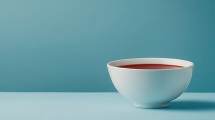 Wall Mural - A close up shot of a white bowl containing a dark brown liquid, set against a light blue background. The image possesses a minimalist aesthetic