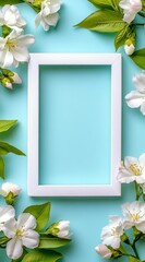 Wall Mural - White wooden frame surrounded by delicate white flowers and green leaves on a light blue background. Flat lay, overhead shot, spring theme