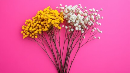 Sticker - Vibrant yellow and white dried flowers arranged on a pink background. The stems are dark brown, and the flowers are small and delicate. The image has