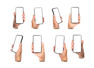Poster - Elderly hands holding smartphones with blank screens. Wrinkled fingers gripping mobile devices, ideal for app display, advertising, and technology use. Isolated on white background.