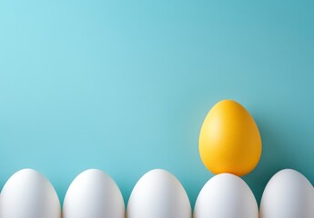 Wall Mural - A single yellow speckled egg stands out from a row of white eggs against a light blue background. The image is simple and clean, with a focus on