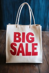 Poster - White tote bag with big sale sign displayed on a wooden floor