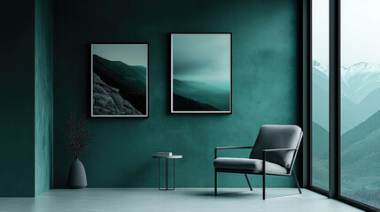 Wall Mural - Modern living room with mountain views contemporary home decor indoor tranquil environment minimalist viewpoint aesthetic concept