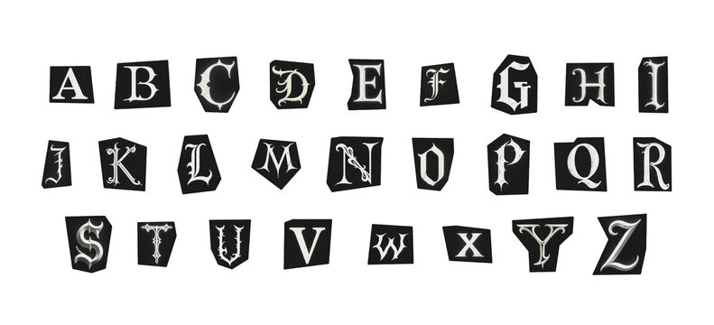 set of cut-out english png alphabet from magazines on a transparent background, black and white gothic ransom style