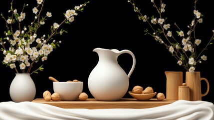 Poster - Vase with flowers and nuts on a table with elegant fabric drape in soft folds and textures