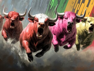 Poster - Four vibrant bulls in red, white, pink, and yellow, charging forward against a pixelated, rainbow streaked background. Dust and motion blur enhance