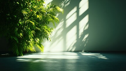 Poster - Indoor plant in a room with a wall and window casting shadows on the floor and flowers nearby