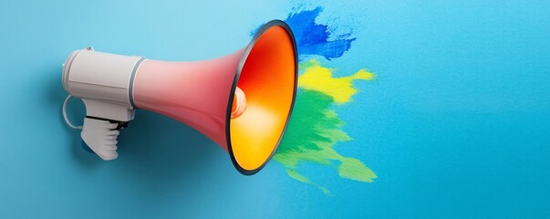 Poster - Megaphone is making a sound wave that splatters colorful paint on a blue background