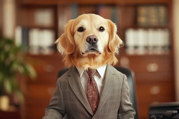 Wall Mural - A Golden Retriever dog dressed in a suit sits in an office chair, looking directly at the camera.