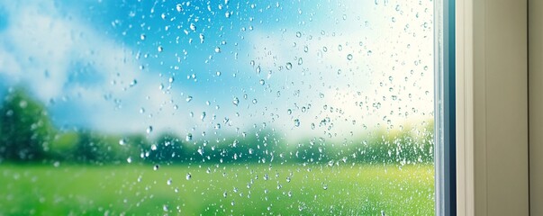 Poster - Raindrops forming on window with green field view in background