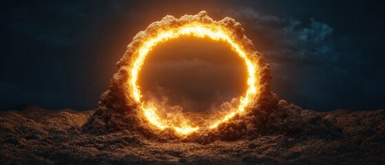 Poster - Glowing mystical door framed by a ring of fire in a dark cave with starry sky above