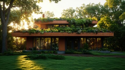 Poster - House with green roof and balcony showcasing sustainable architectural design innovations