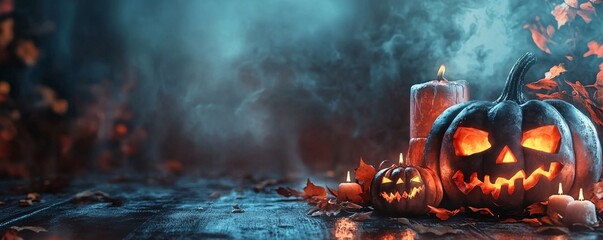 Aufkleber - Halloween pumpkins grinning in the dark with candles and smoke around them