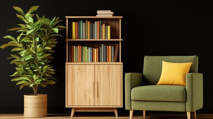 Poster - Green chair and bookcase in modern room interior template for home design mockup