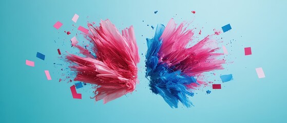 Poster - two colorful feathers flying in the air with jagged lines and bold colors creating a dynamic whirlpo