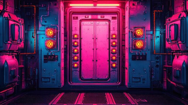 Futuristic pink door, neon lights, sci-fi corridor, digital art, game background