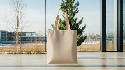 Poster - Minimalist white tote bag on a table by the window with natural light and soft shadows