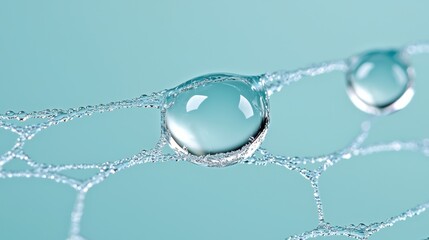 Poster - Bubbles and water droplets abstract studio setting blue background close-up view nature's elegance