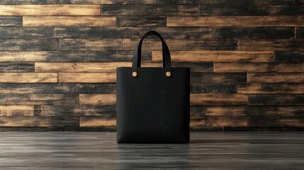 Poster - Black canvas tote bag placed on a wooden floor in a minimalistic setting with mockup design