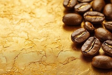 Coffee beans on golden textured surface with copy space. Beverage marketing.