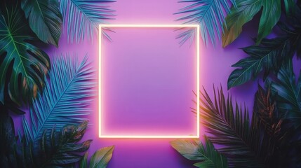 Poster - Neon frame with tropical leaves and blue glowing light for modern interior decoration
