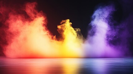 Poster - multicolored smoke trails floating in the air against a dark gradient background in flat lay composi