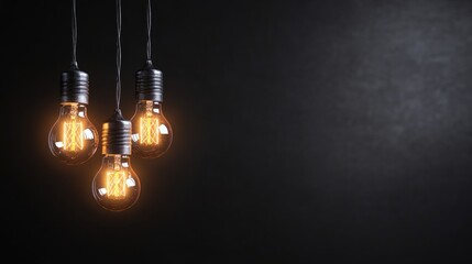 Poster - Three retro-style light bulbs hanging from a ceiling in a modern interior space with warm lighting