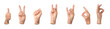 © valiantsin - Set of elderly female hands showing various gestures, including thumbs up, peace sign, victory, and OK symbol. Wrinkled fingers emphasizing age and communication. Isolated on white background.